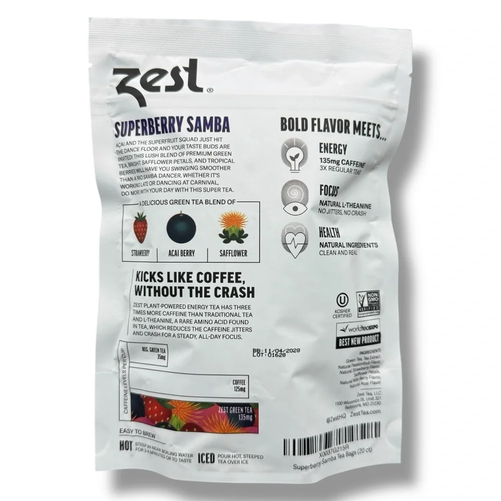 Zest‎ Energy Superberry Samba Green Tea 20 Bags 135mg Caffeine Keto Friendly